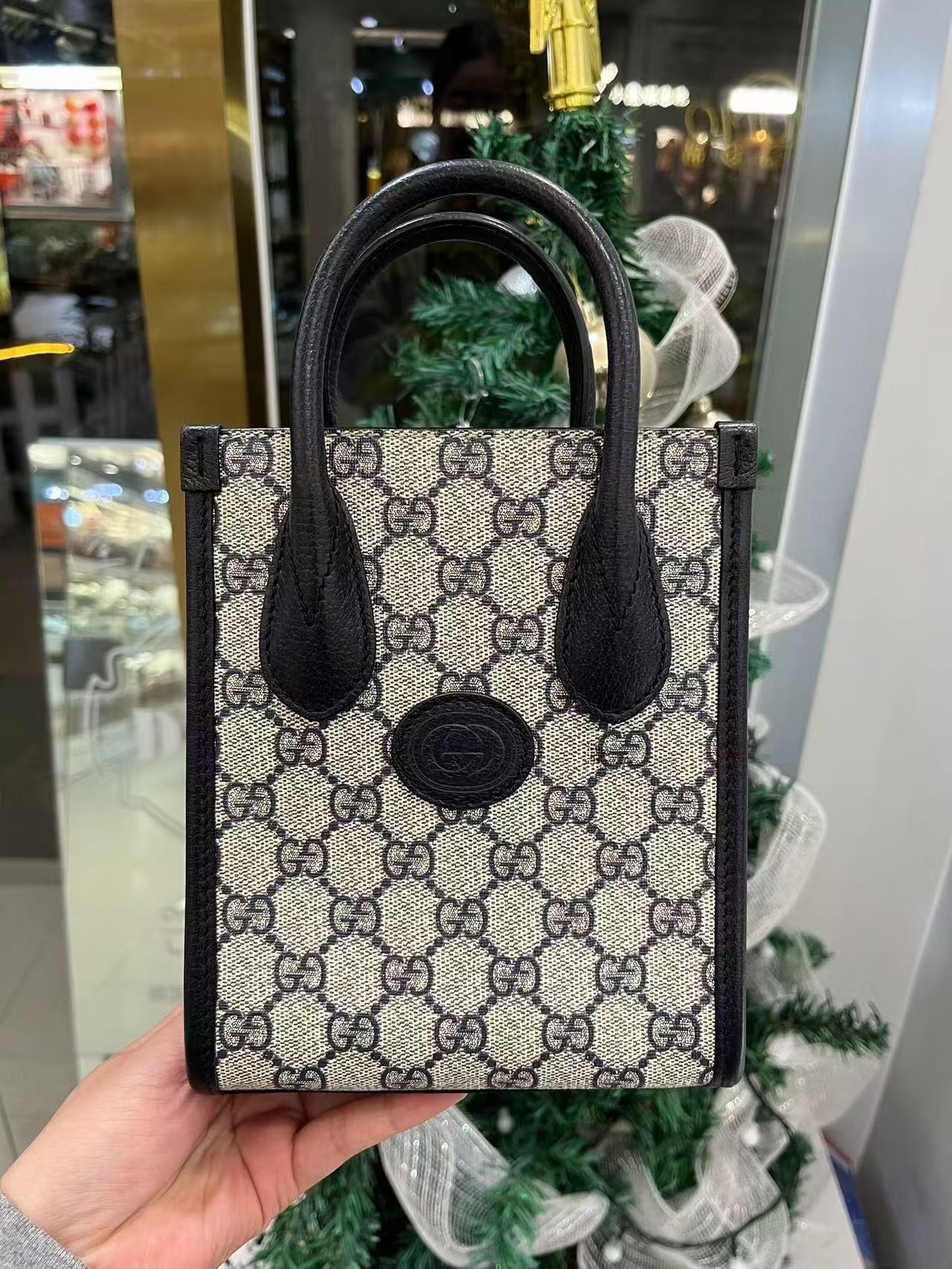 99新 GUCCI/古驰 琴谱tote托特mini蓝色银扣手提单肩包/59596846