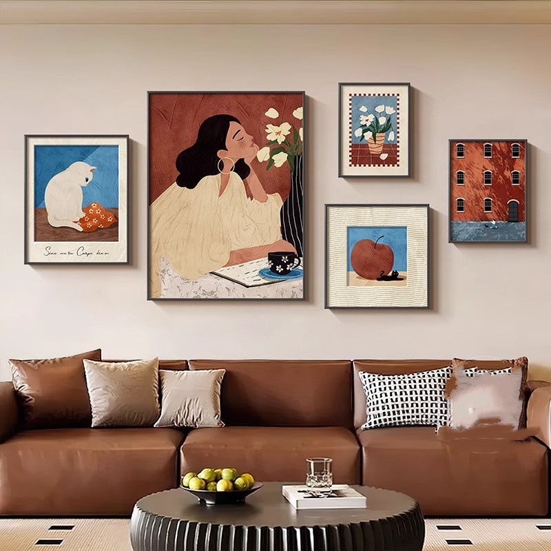 法式沙发背景墙挂画小众艺术人物客厅装饰画中古风组合壁画抽象