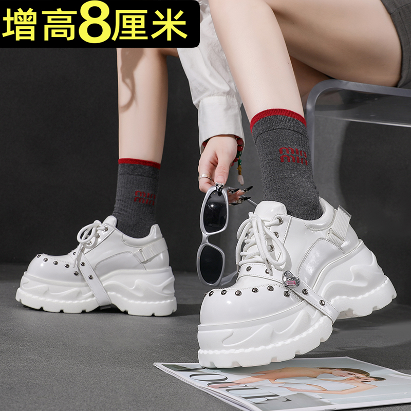 白色超高跟厚底小皮鞋女潮酷2026春秋季新款小个子增高系带松糕鞋