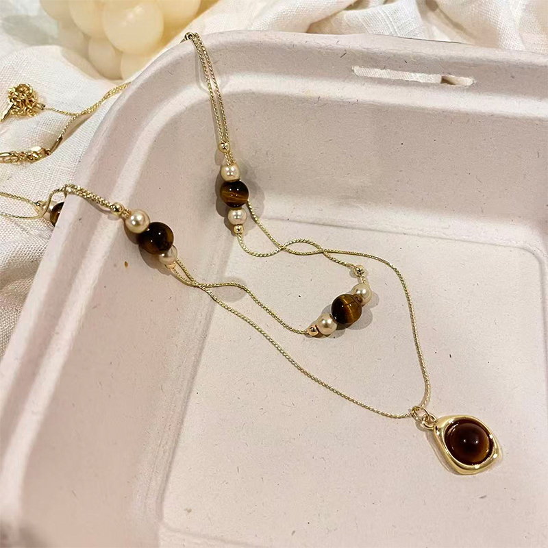 铜项链 复古双层虎眼石毛衣链叠戴轻奢小众高级感锁骨链配饰7460