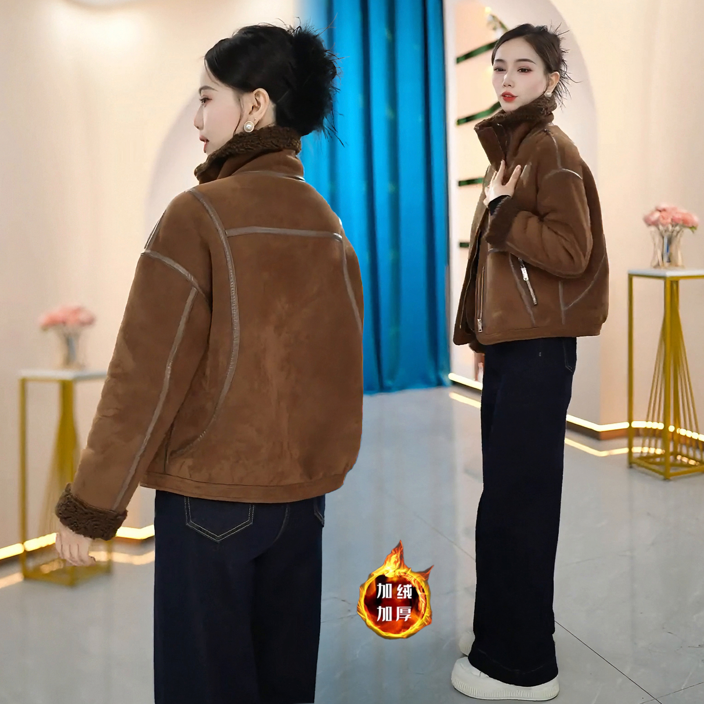 加绒加厚鹿皮绒短外套女2025冬季新款时尚显瘦皮毛一体保暖上衣潮