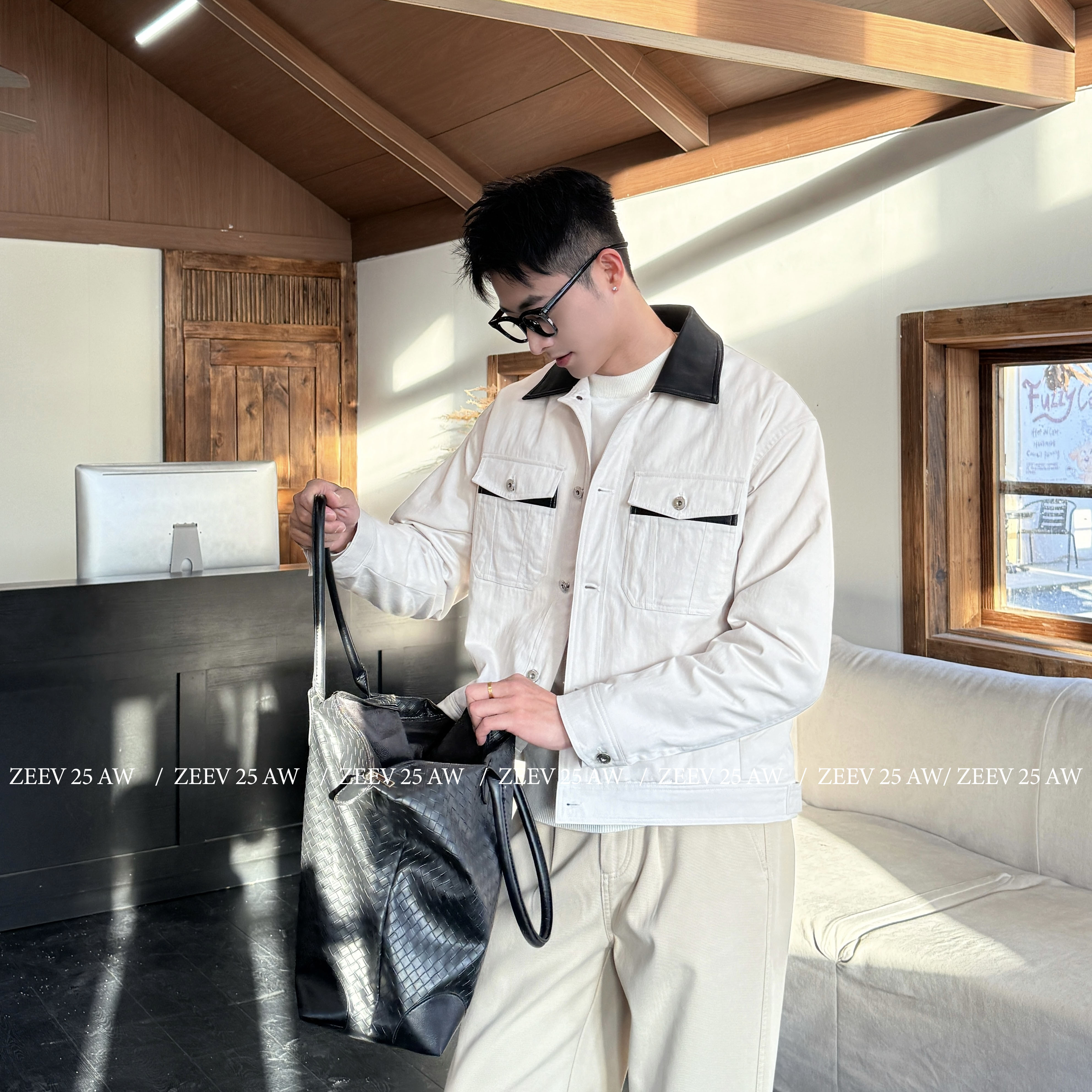 ZEEV【攀登者】冬季夹棉宽松棉类混纺皮领拼接休闲通勤短款夹克外套