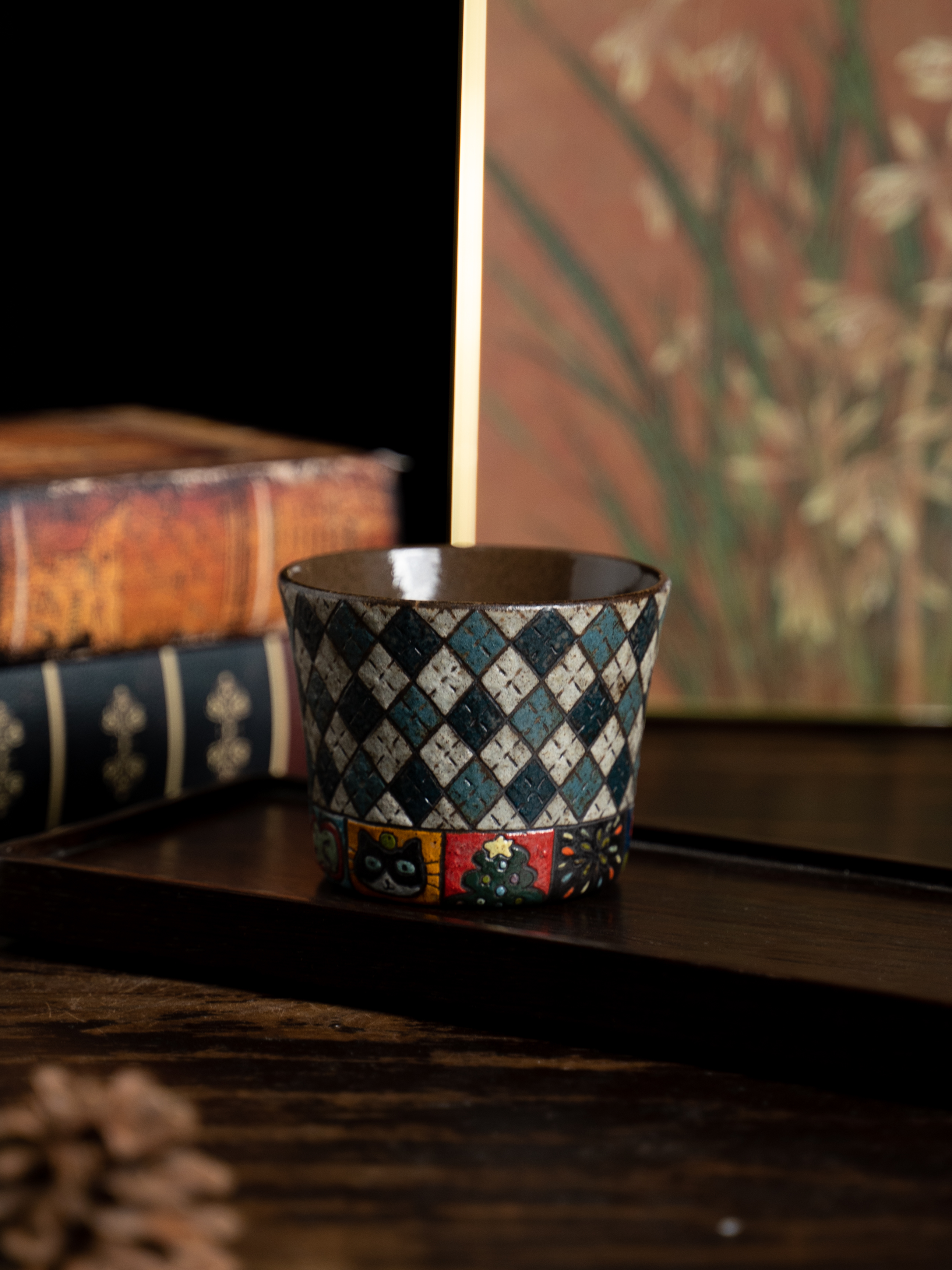 四季森森 | 蓝白菱形格小猫咪插画猪口杯