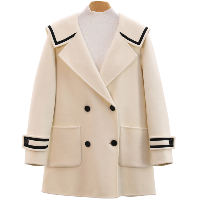 F6071-【衣香】撞色娃娃领中长款双面呢#WYL58B005