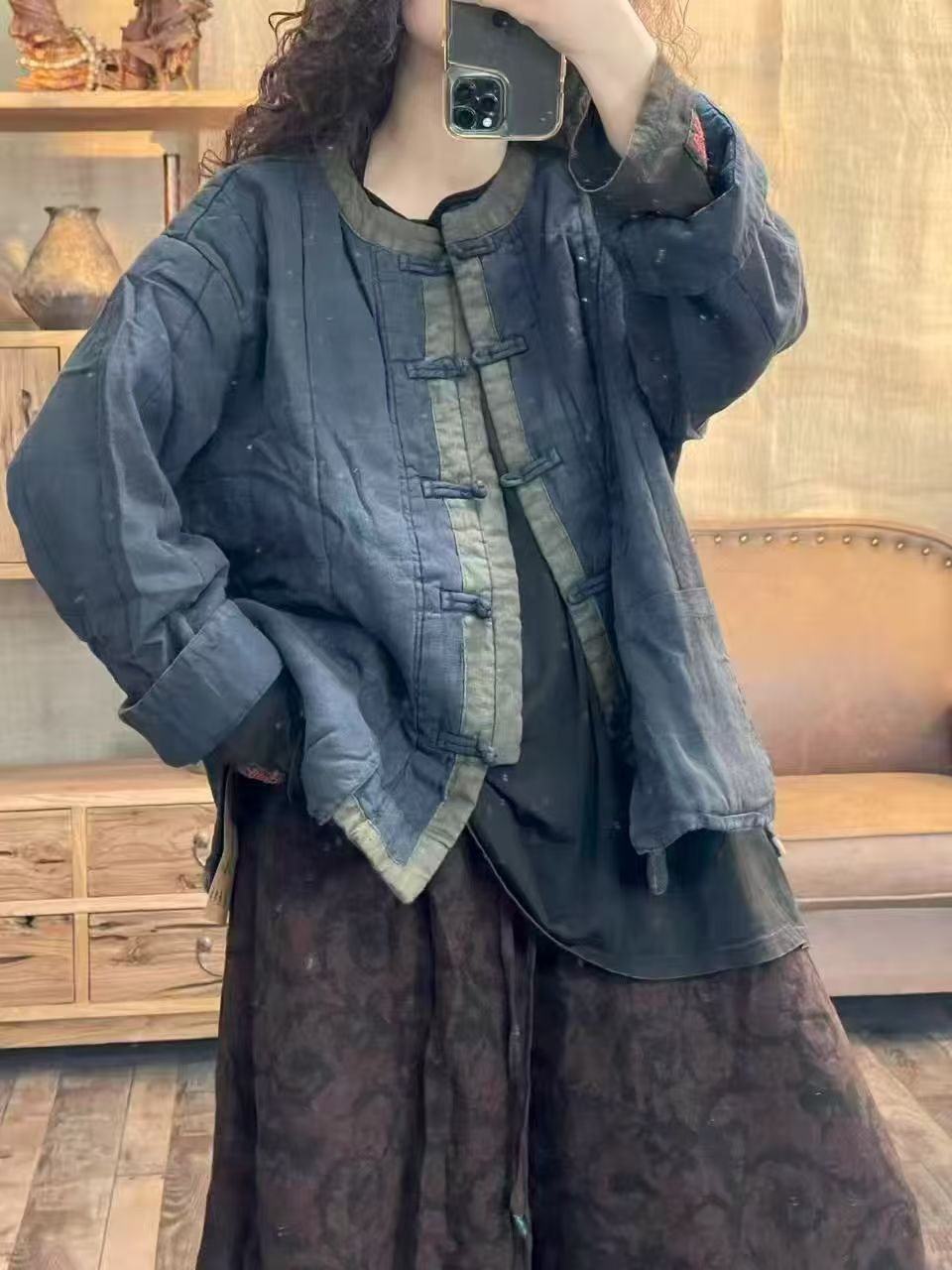 黑莓若叶｜冬季亚麻夹薄棉炒色复古盘扣休闲外套（长64 胸围128）