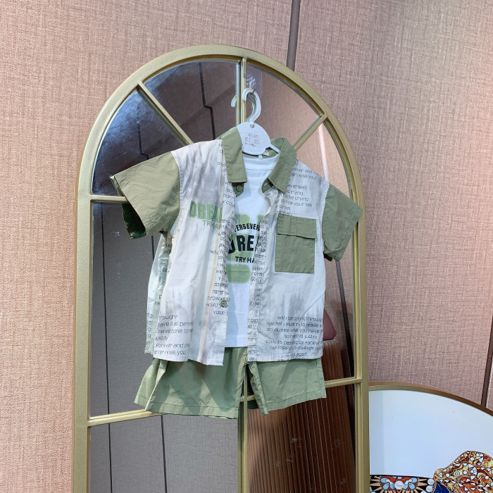 AC279    宝宝白色背心满印短袖衬衣短裤三件套