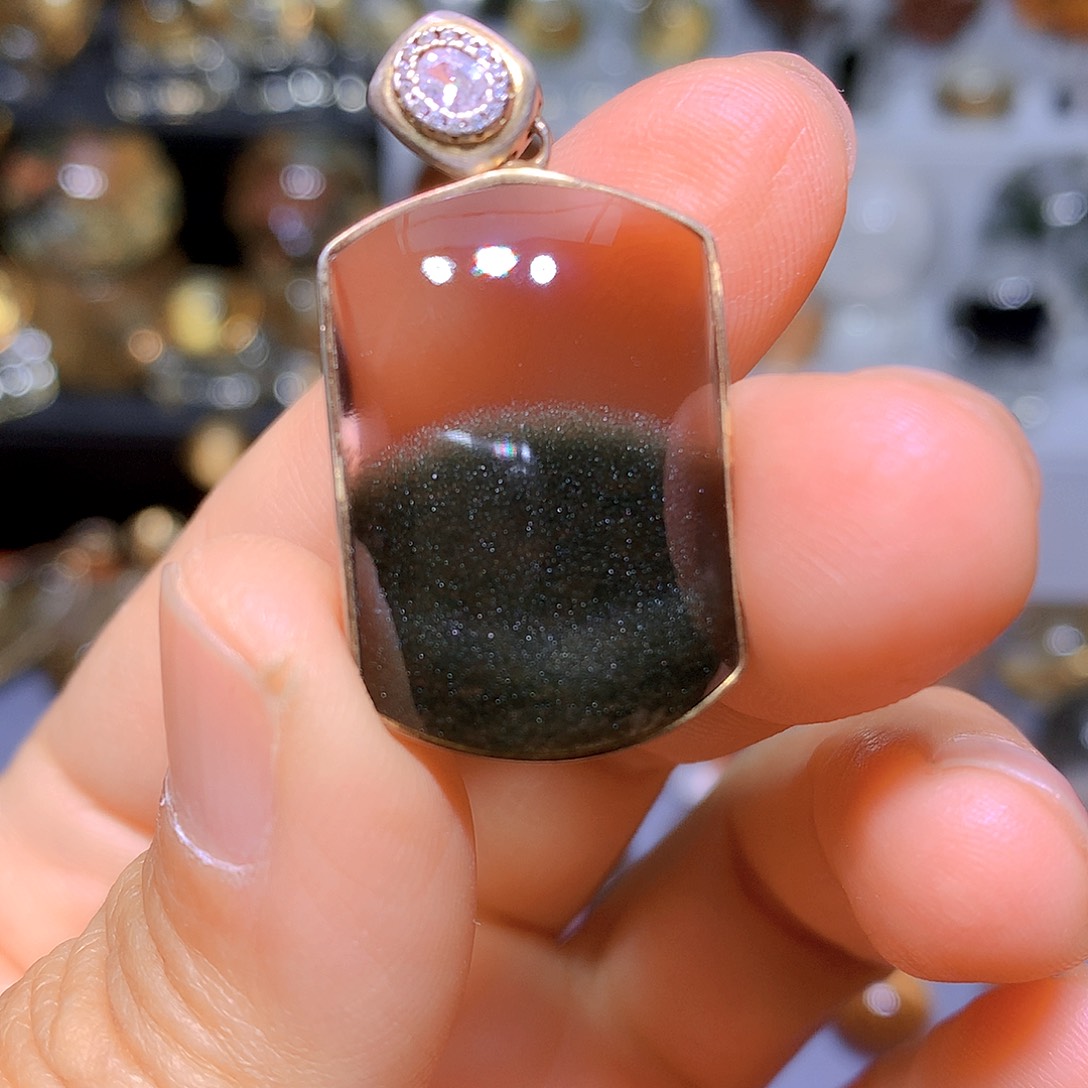 水晶吊坠银S925镀金镶嵌天然水晶