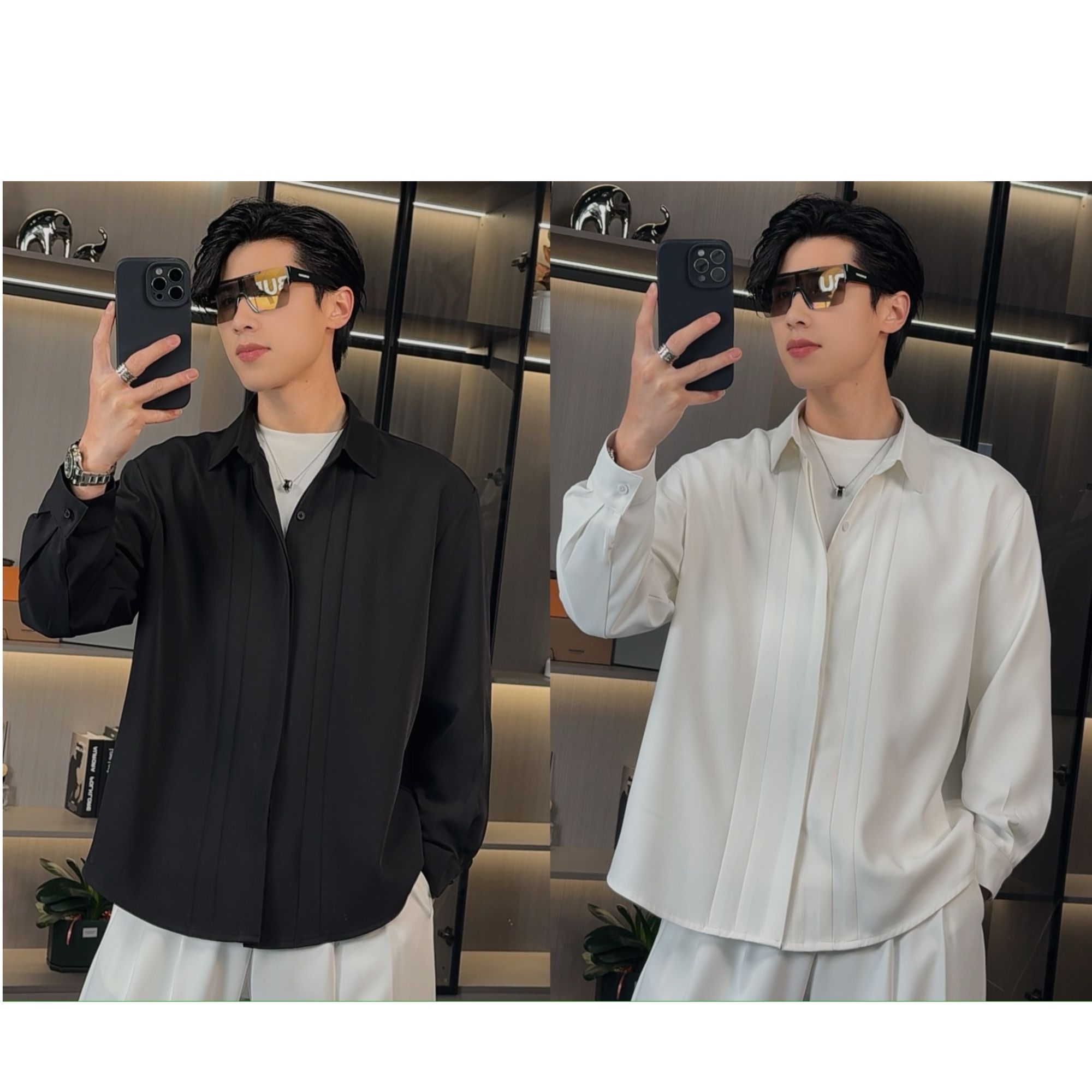 【百象服饰】春季新款男士百搭纯色高级设计感痞帅潮流宽松衬衣