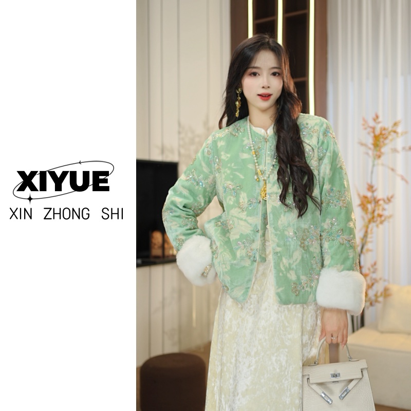 【绿野仙踪】冬季丝绒烧花重工珠管刺绣新中式羽绒服外套