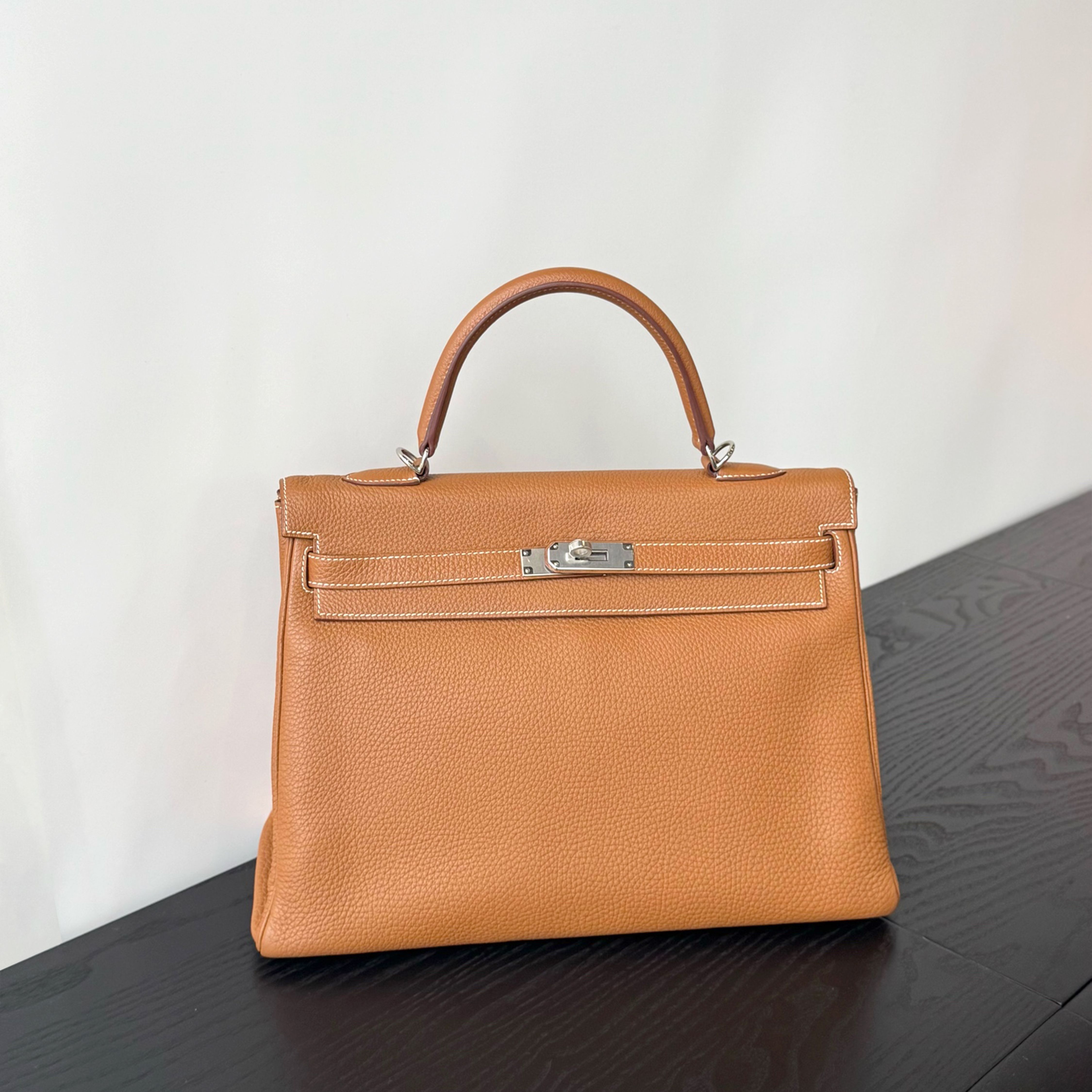 95新 Hermes/爱马仕 kelly35 金棕银扣 togo皮 框Q刻