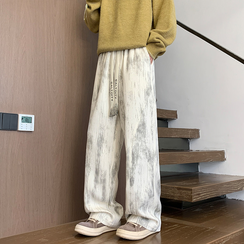 秋季新款扎染斜切直筒休闲裤男生潮流复古百搭宽松休闲长裤