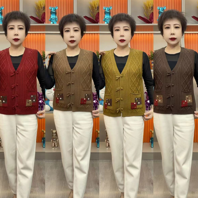 薄款常规款纽扣口袋印花拼接马夹秋冬针织秋季女装