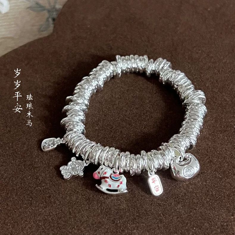 999.9银【马到成功】珐琅彩小木马胖福小财神岁岁平安盘缠手串