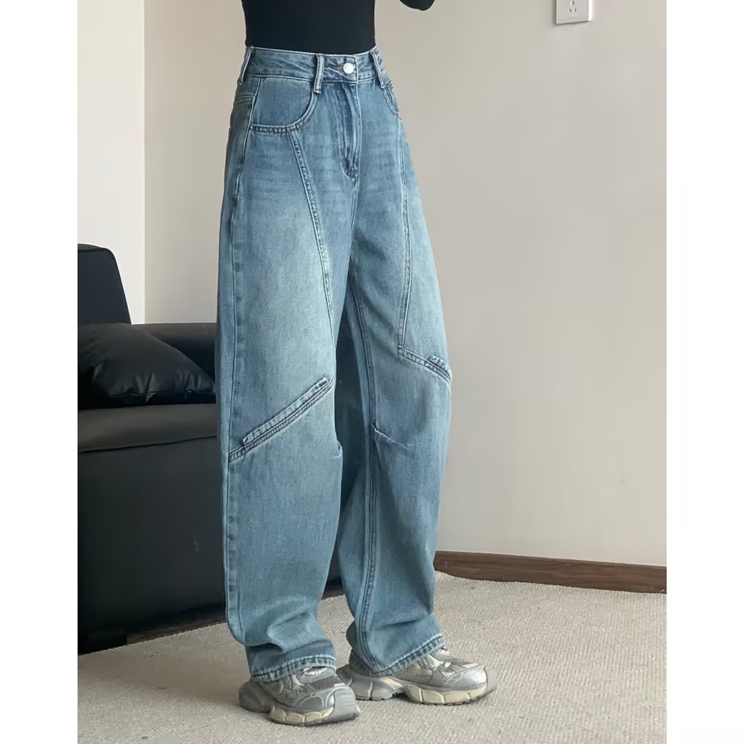 2025新款三本针牛仔阔腿弯刀裤显瘦浅蓝色拖地裤18053