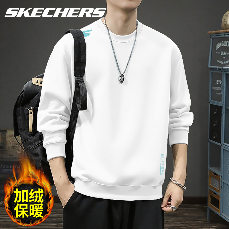 斯凯奇白色卫衣男加绒长袖2025秋冬季新款宽松保暖套头衫圆领上衣