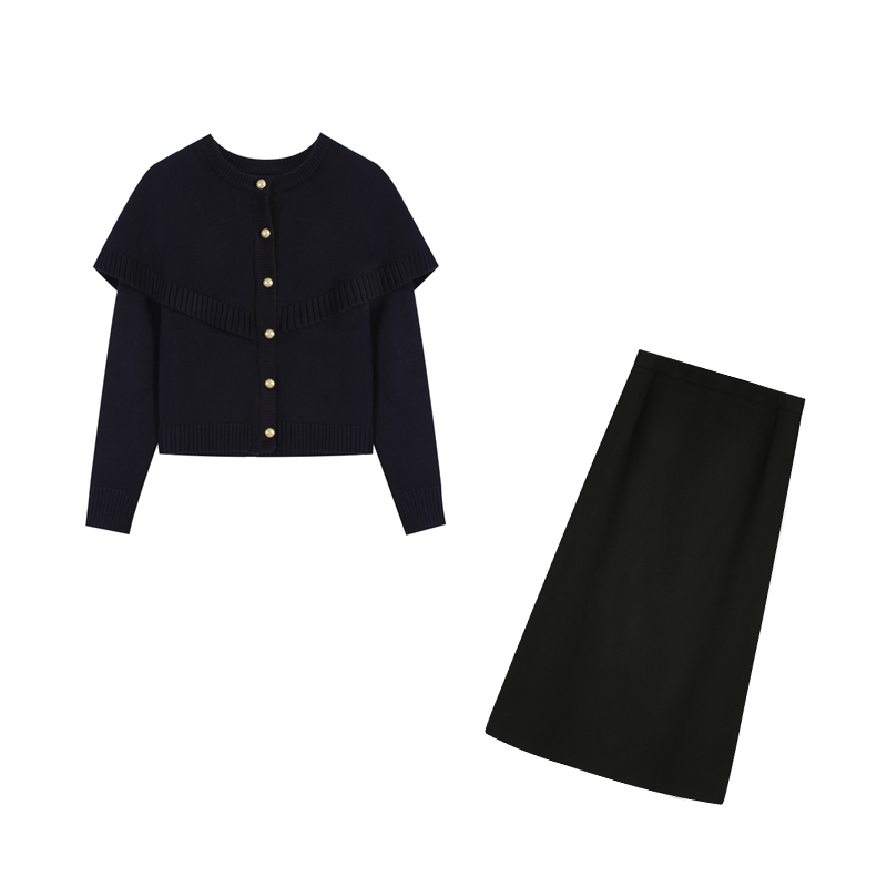 【鹿鹿】小斗篷藏青假两件上衣显瘦长款半身裙套装ZL100612针织长袖