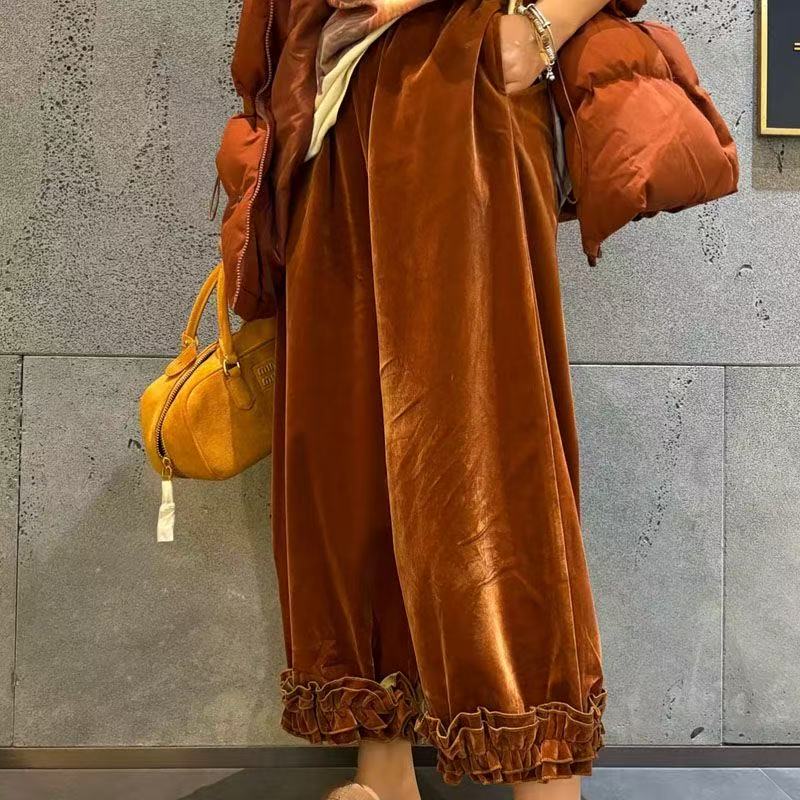 25189秋冬新款欧货小众木耳边花苞丝绒宽松休闲显瘦九分裤