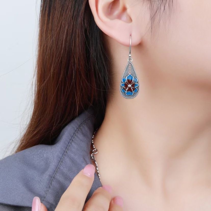 925银耳饰 水滴烧蓝花耳环女复古宫廷中国风牡丹花花丝耳饰耳钉