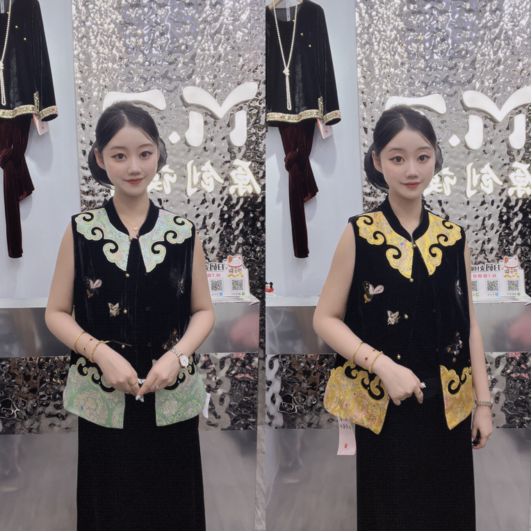新中式新款拼接圆领民族风刺绣提花复古马甲女（衣长约63cm）