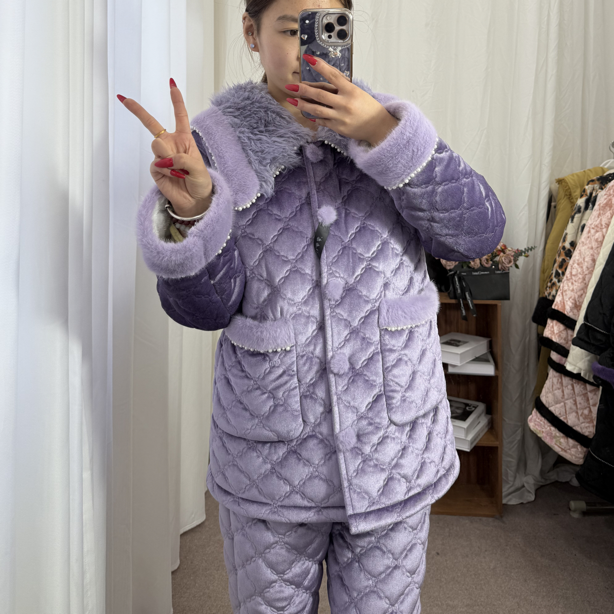 南态，紫烟撞色三层夹棉加绒加厚可外穿冬季女士保暖家居服套装