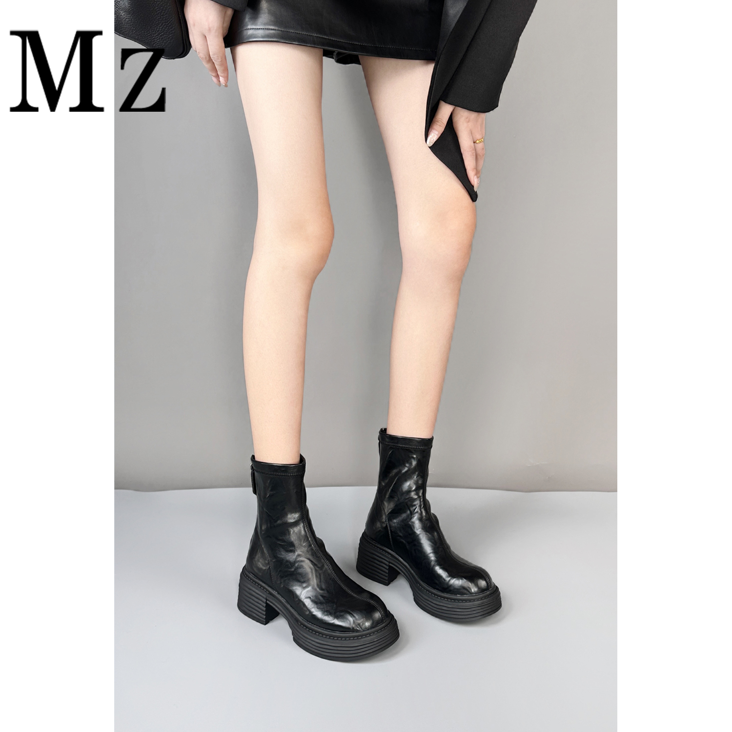 Mr.Zheng/6cm/厚底圆头后拉链弹力复古短靴秋冬新款舒适休闲女靴