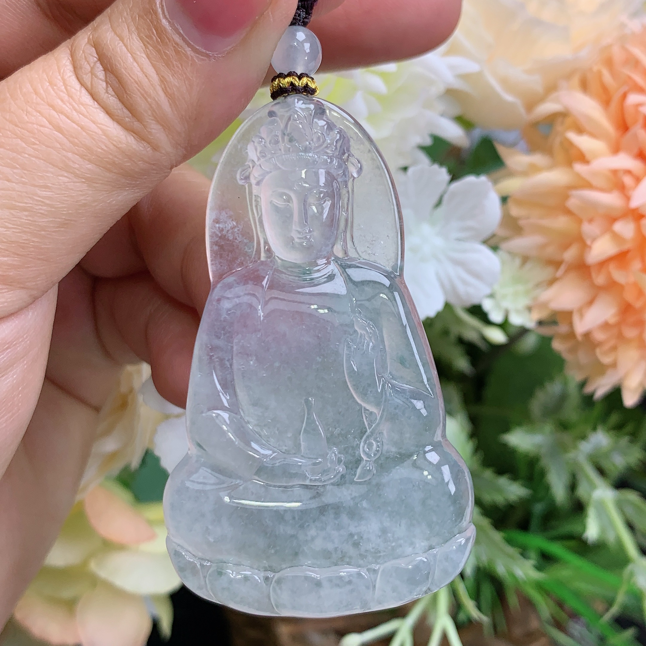 缅甸天然翡翠A货高冰玻起光飘花素衣观音吊坠风尺寸59.5×35.7×5.6