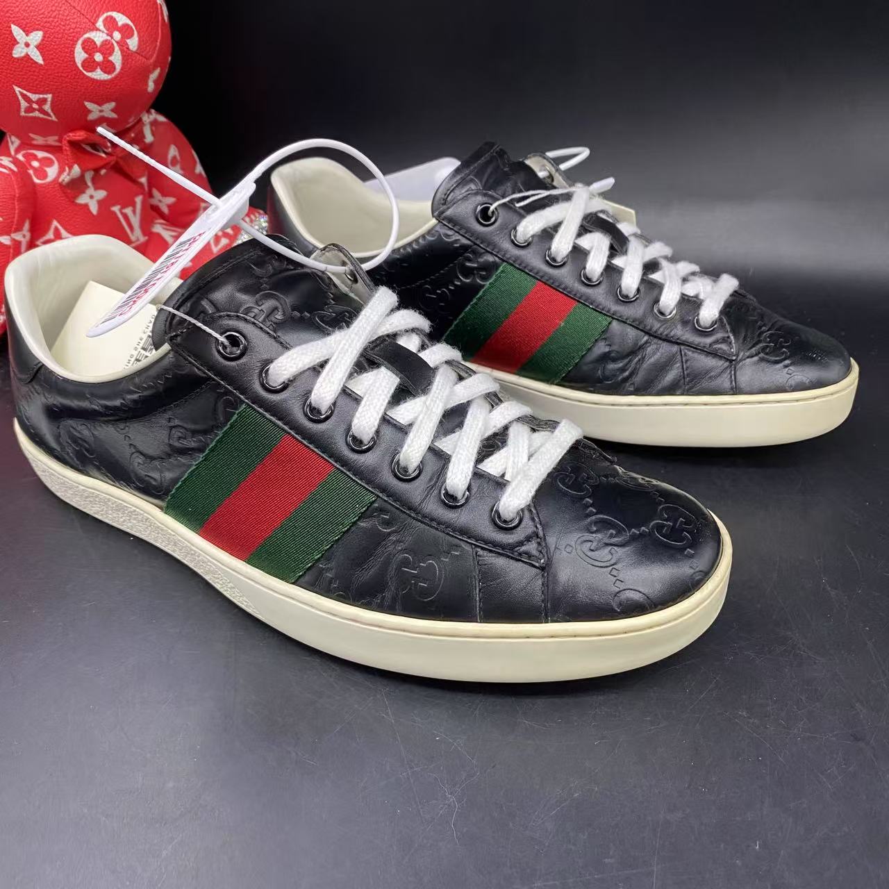 95新 GUCCI/古驰 黑色压印老花时尚ACE板鞋41欧码ddm2030