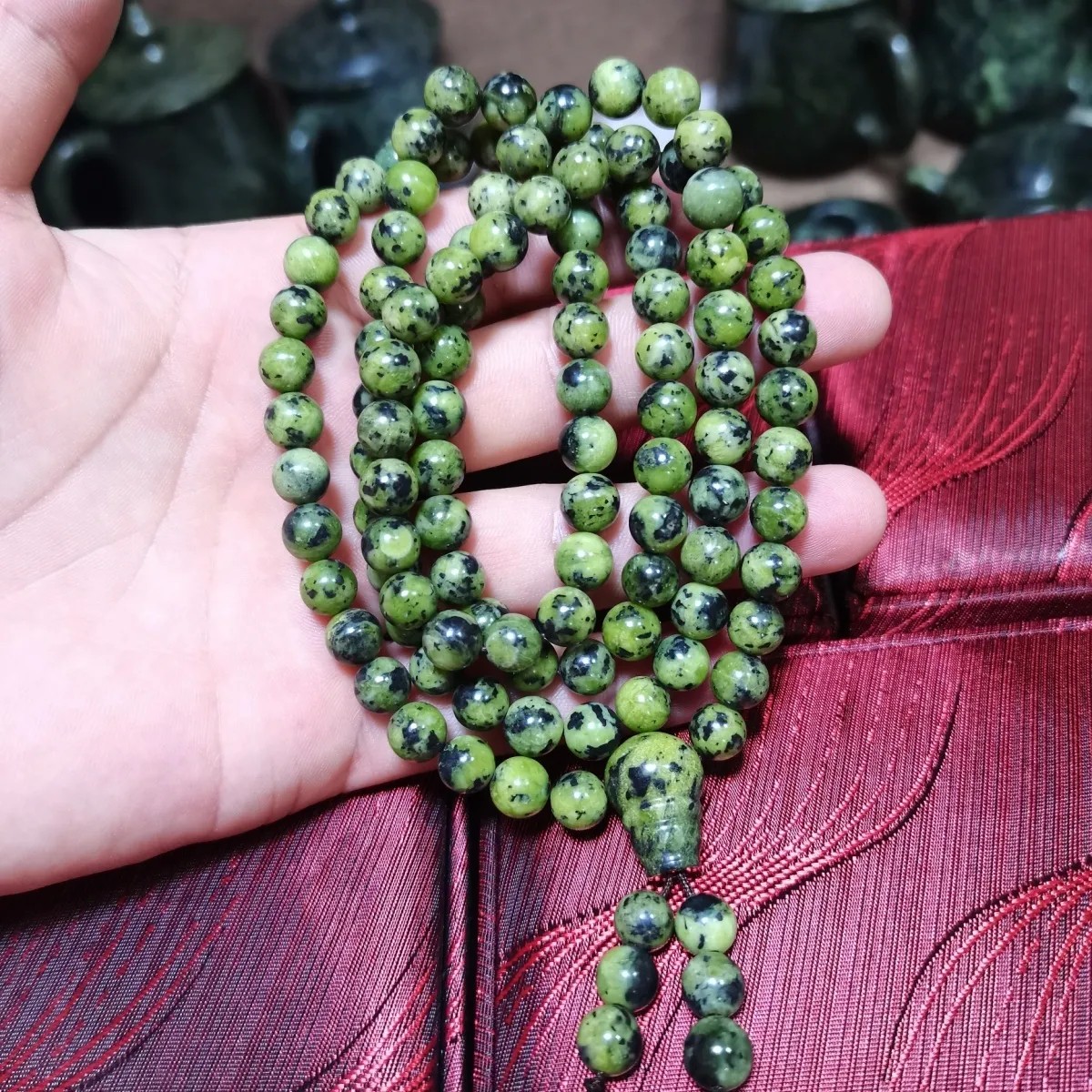 非金属布艺吊坠 藏玉药王石精品西瓜绿卡8佛珠108粒项链