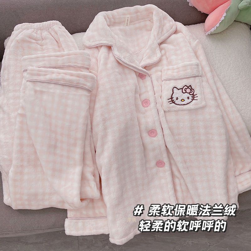 女童睡衣冬款法兰绒加厚保暖KT猫中大童初中生珊瑚绒睡衣女孩套装