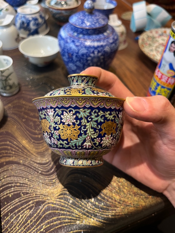 盛古珍玩 珐琅海蓝釉八宝盖碗