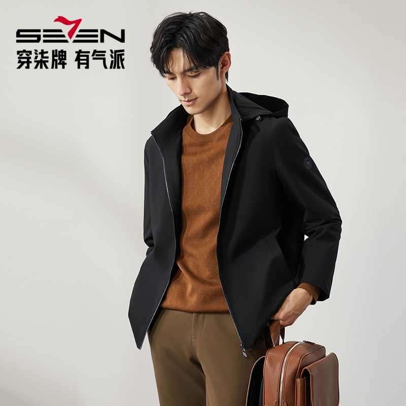 seven柒牌【带帽茄克】秋冬新款格纹提花男士防风外套夹克127K70140