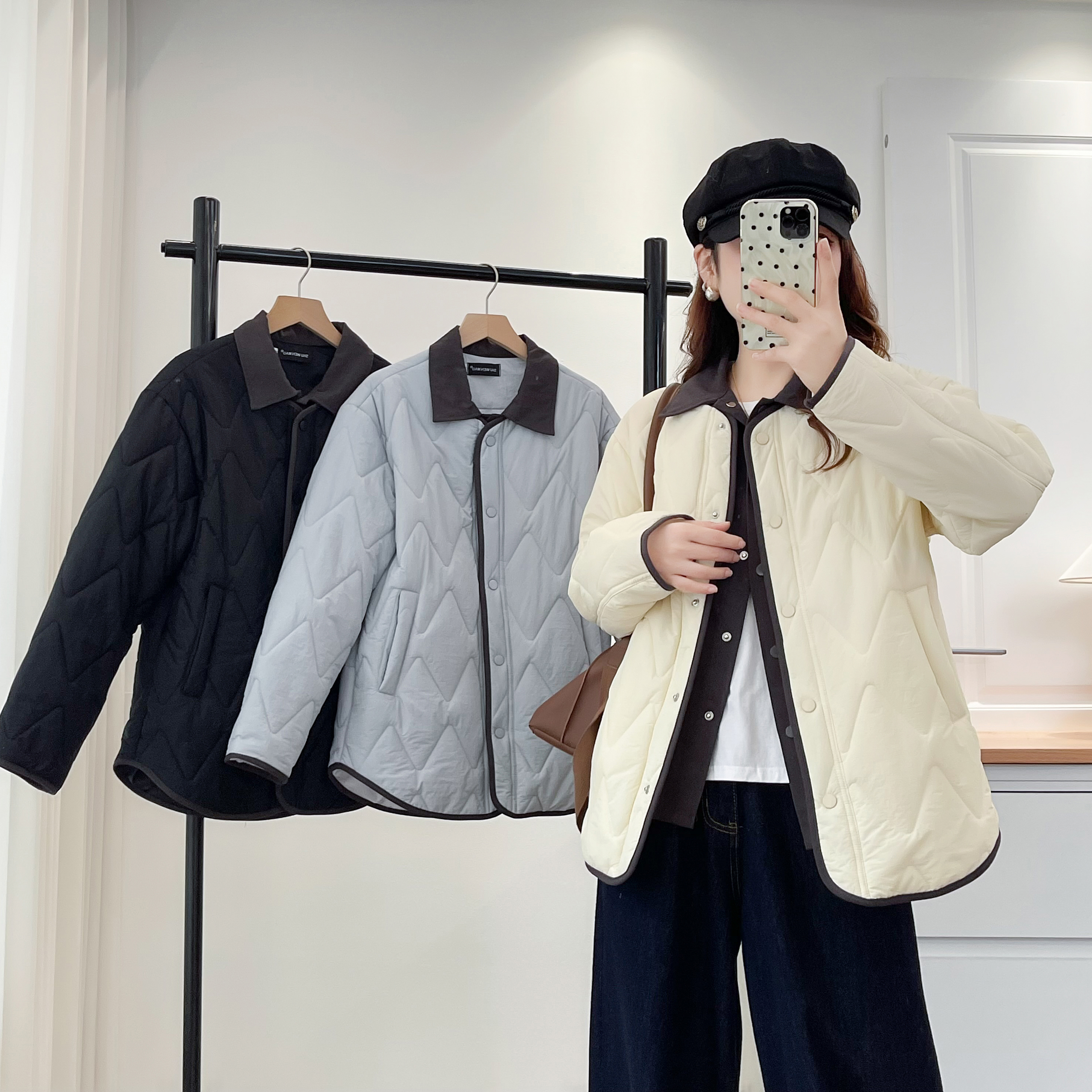 2025秋冬新款洋气假两件上衣休闲时尚宽松百搭加厚棉衣外套棉服