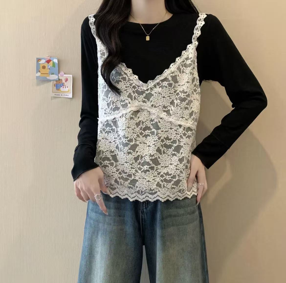 长袖打底+蕾丝吊带两件套欧货大码