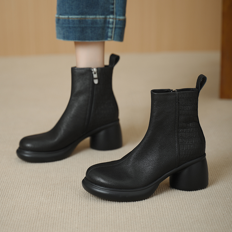 【6.5cM/羊皮】法式软羊皮厚底短靴女秋冬加绒粗跟圆头防水台H619-7