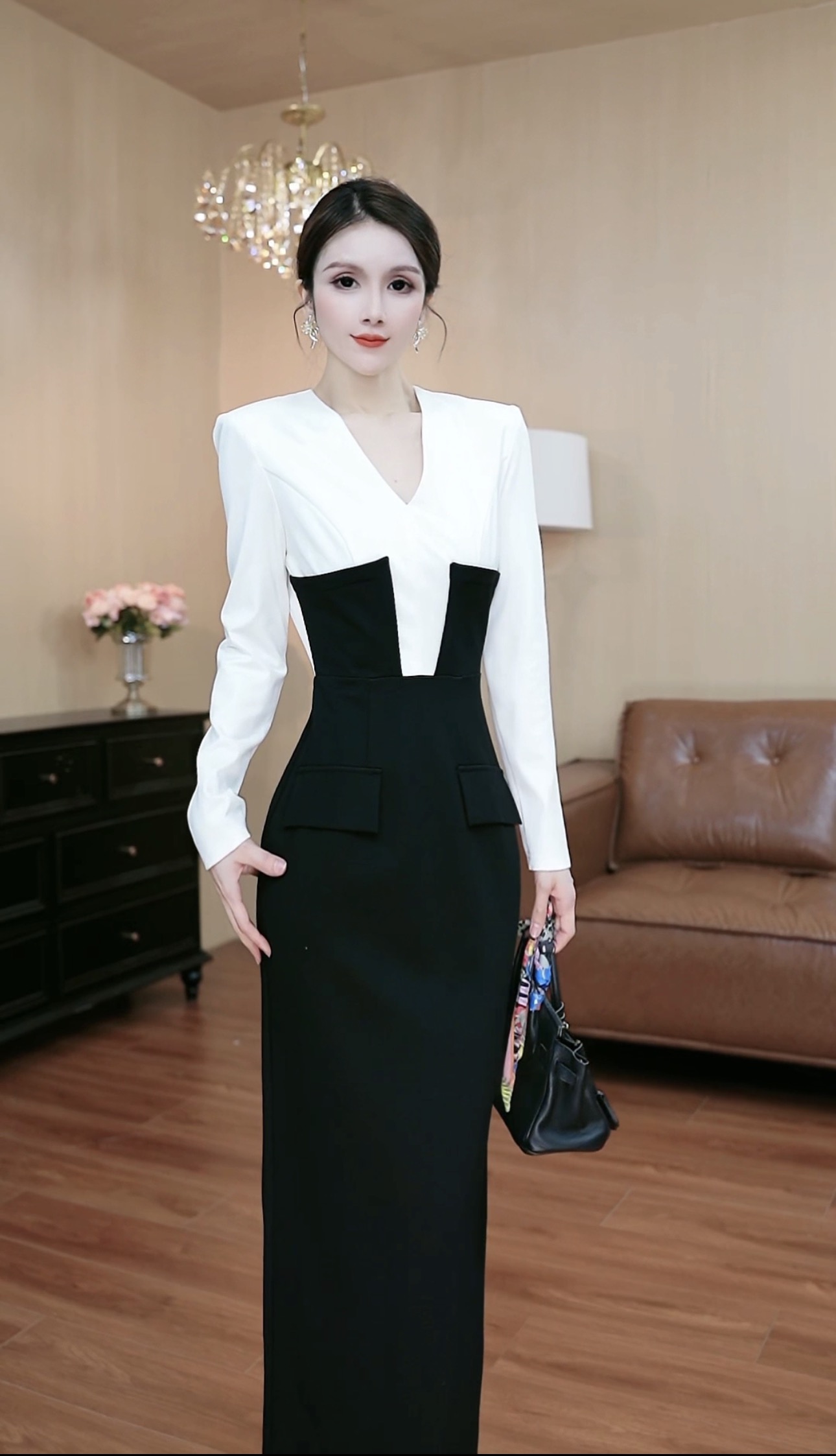 3335设计感黑白拼接法式气质显瘦减龄修身收腰名媛长裙