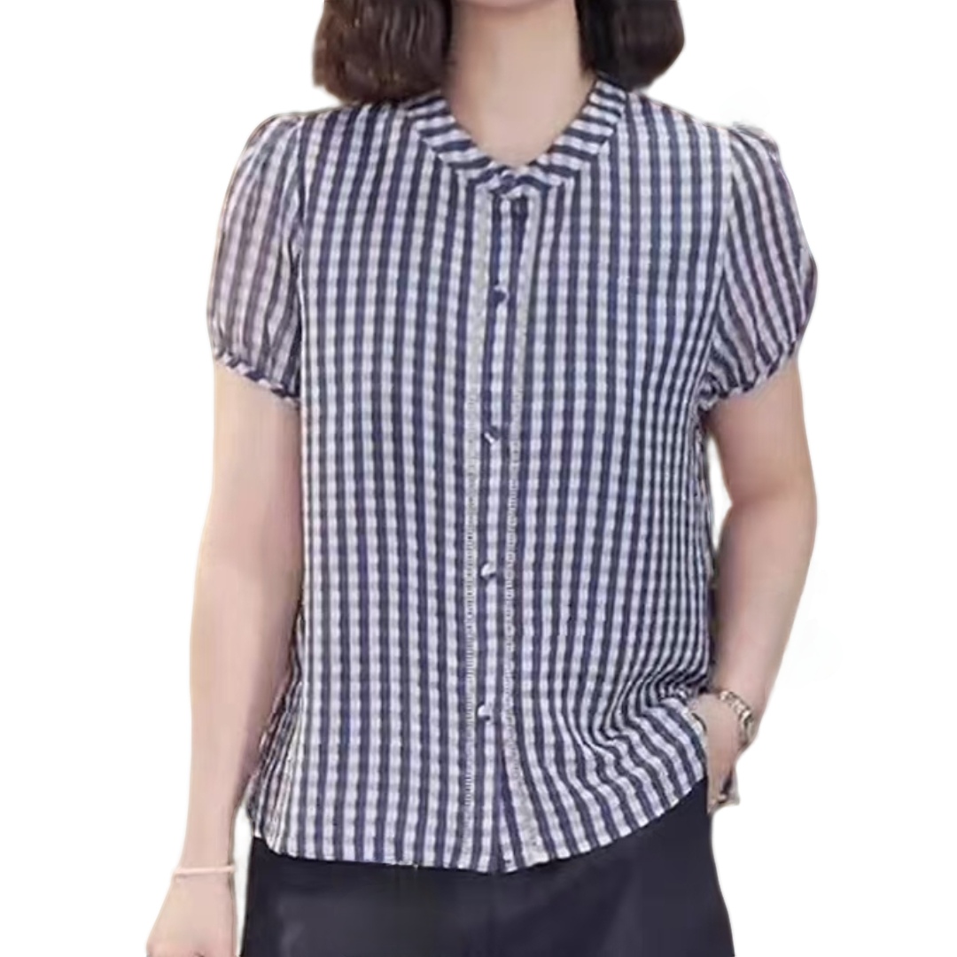 【洋玉服饰】时尚洋气2025圆领衬衫短袖格子宽松显瘦百搭韩版上衣