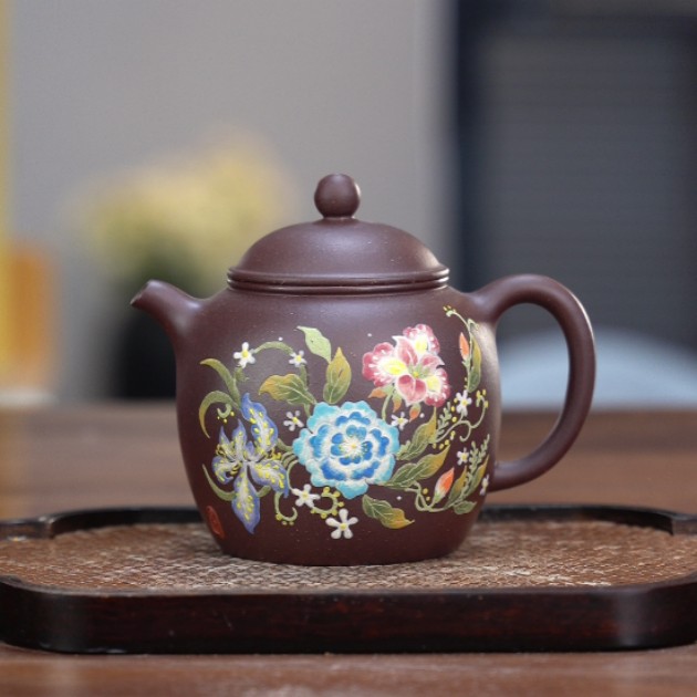 046宜兴紫砂茶具老天青泥料堆绘紫韵花笺壶ZH260cc左右
