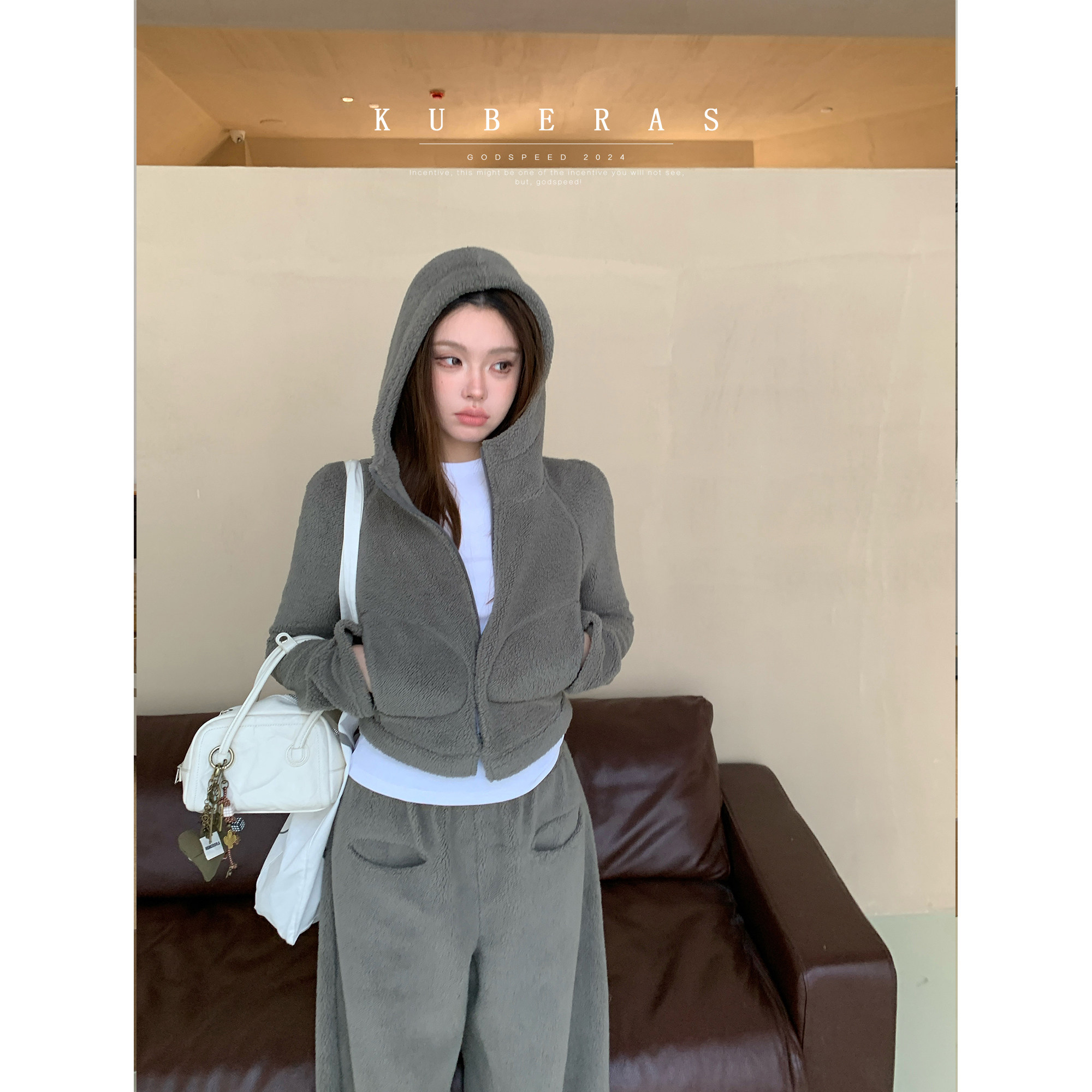 KUBERAS【轻盈锁温 零重力】双面摇粒绒保暖连帽上衣直筒长裤套装