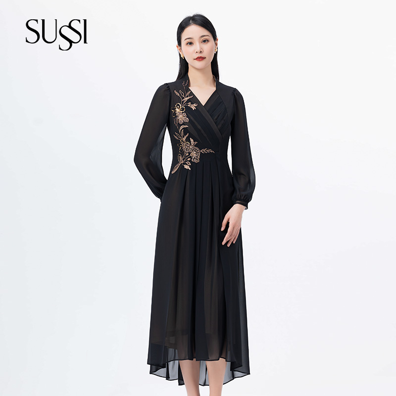 SUSSI/古色秋季爆款商场同款雪纺刺绣贴花显白气质复古东方连衣裙