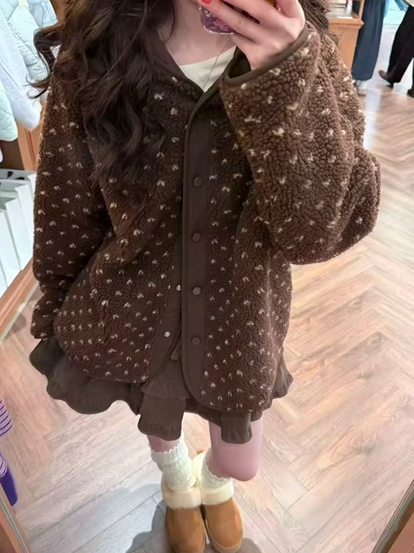 韩系复古拼接羊羔毛外套女春秋冬宽松设计慵懒风休闲松弛感上衣潮