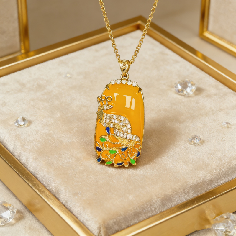 -S011-天然  高端  大气   -时尚  铜镶 黄玉髓 黄孔雀吊坠-配链