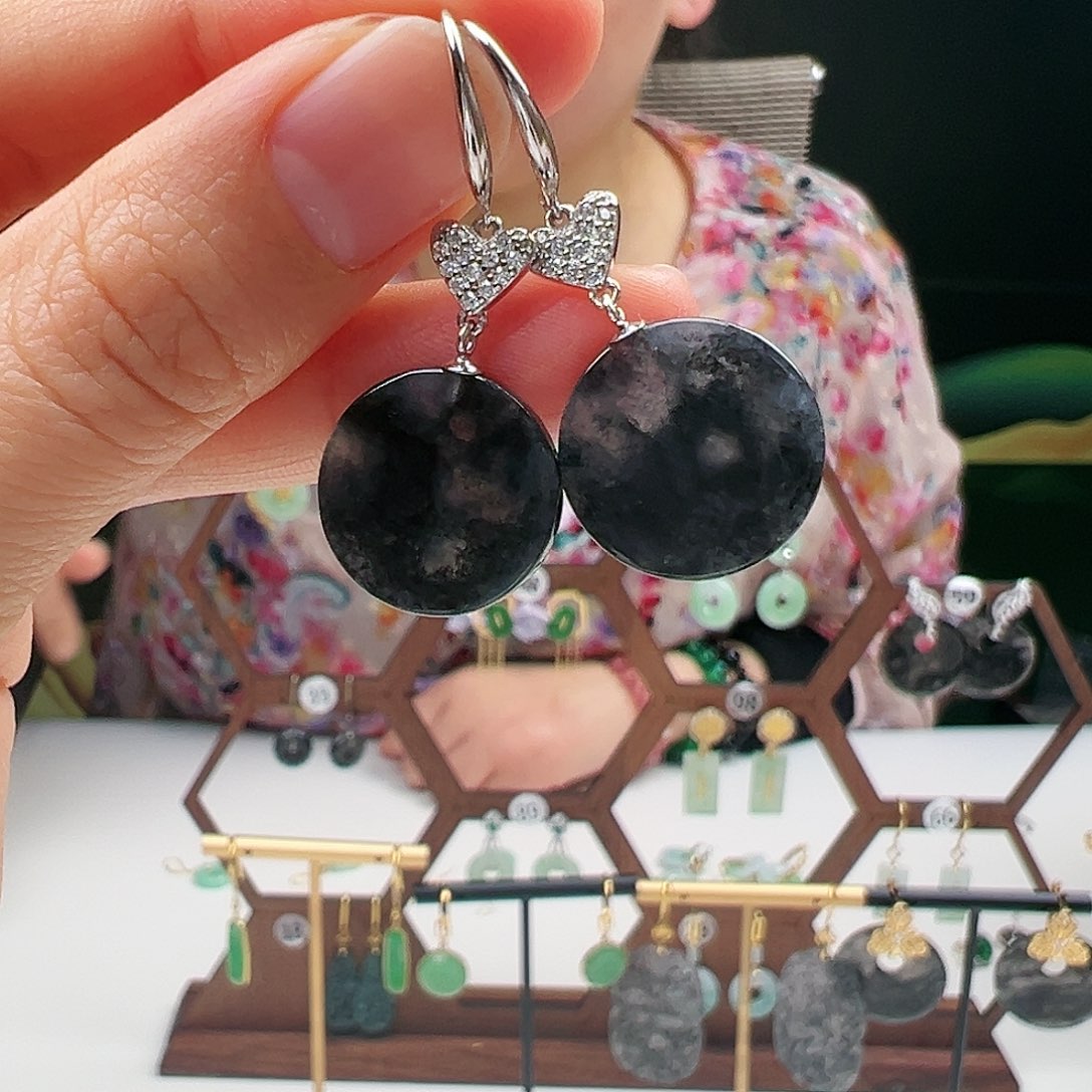 翡翠耳饰银S925镶嵌天然翡翠