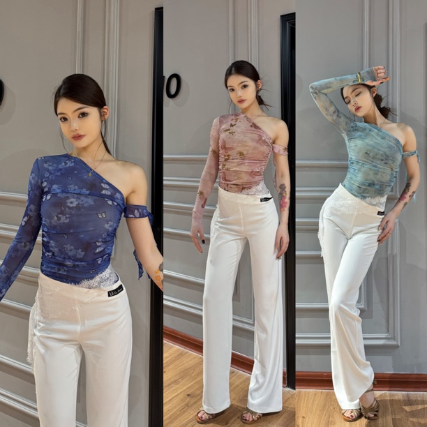 Yueer原版蝴蝶印花斜肩网纱连体舞服（带可拆卸胸垫