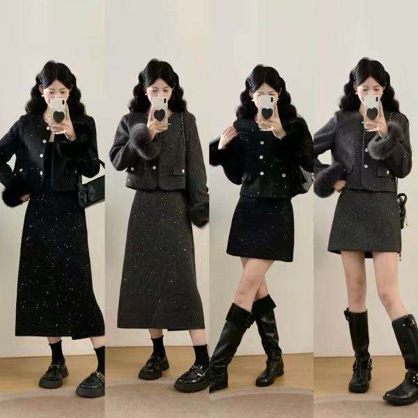 2025冬新款大码女装小香风气质名媛加棉毛呢外套半身裙两件套2039