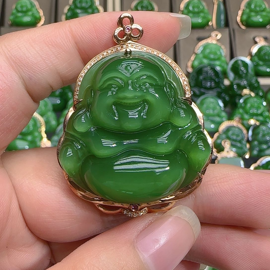 和田玉（碧玉）吊坠(不含链)18K金镶嵌