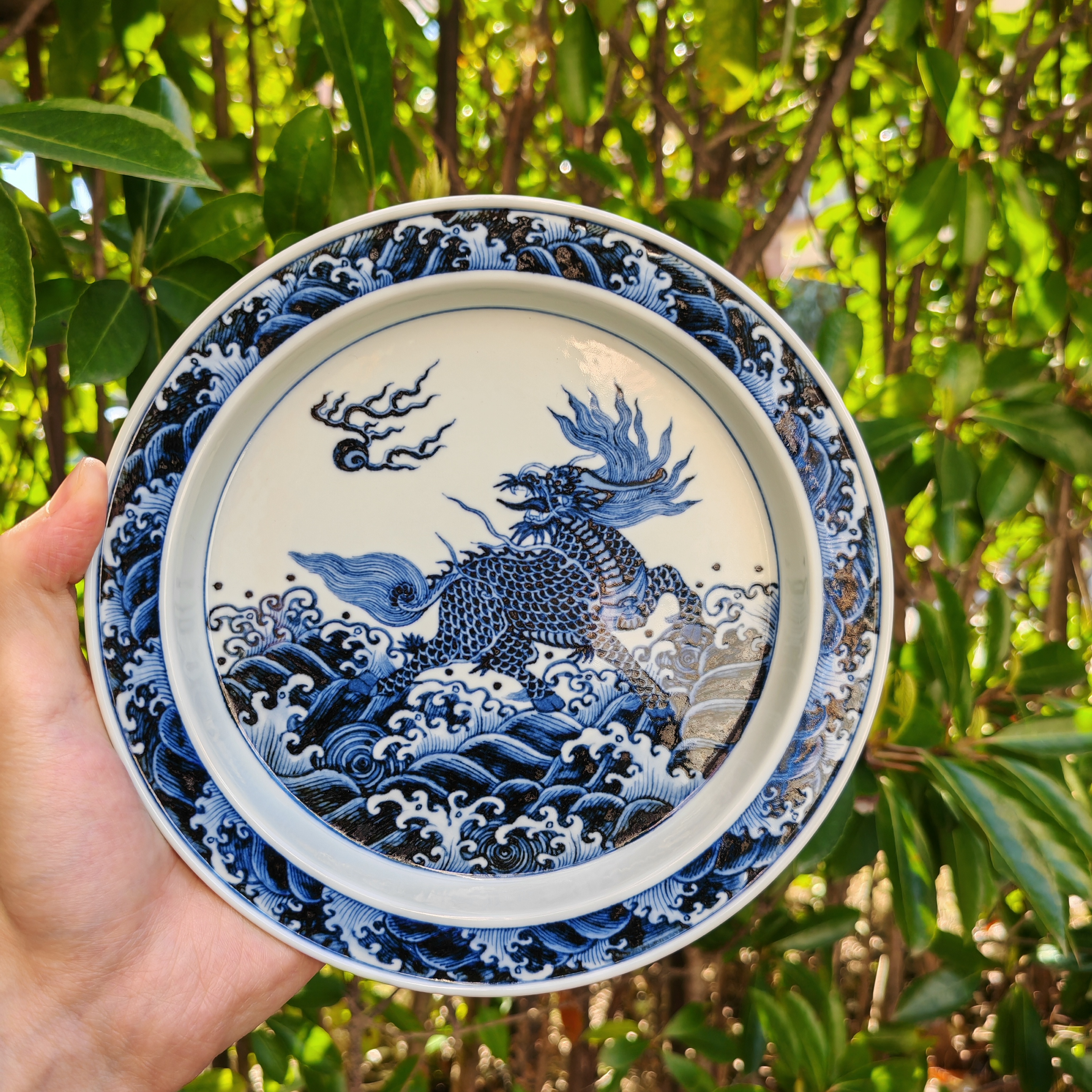 釉下彩龙纹明青花麒麟踏浪壶承艺术陶瓷茶具装饰蓝色大盘麒麟壶承