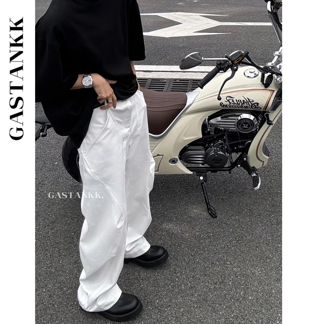 GASTANKK 美式重磅褶皱弧形剪裁镰刀牛仔阔腿休闲裤