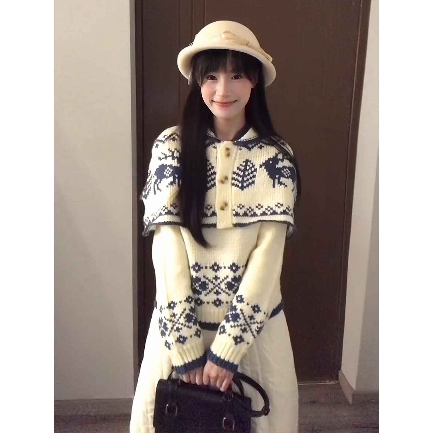 费尔岛斗篷毛衣外套女秋冬季穿搭慵懒针织衫修身显瘦休闲韩系上衣