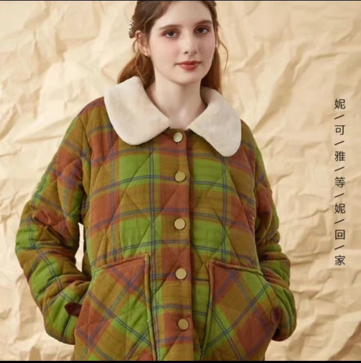 妮可雅三层夹棉格子睡衣秋冬款女冬季加厚珊瑚绒可外穿家居服套装