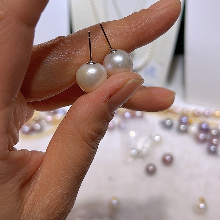 淡水珍珠白珠耳钉90银S925镶嵌